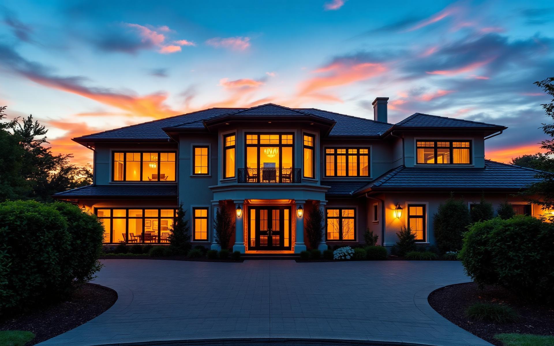 Luxury home exterior at twilight with warm glowing windows